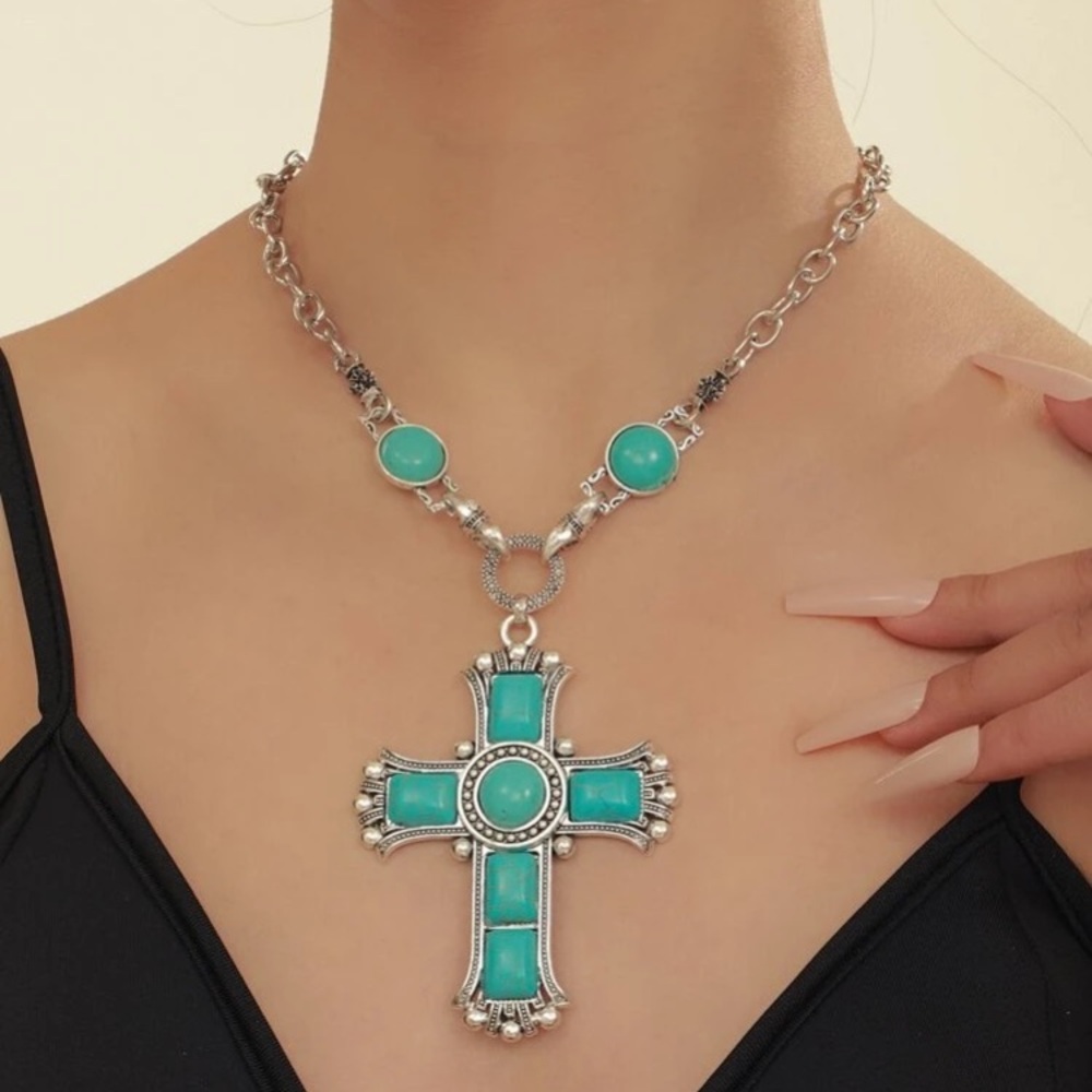 Elegant Silver and Turquoise Cross Necklace